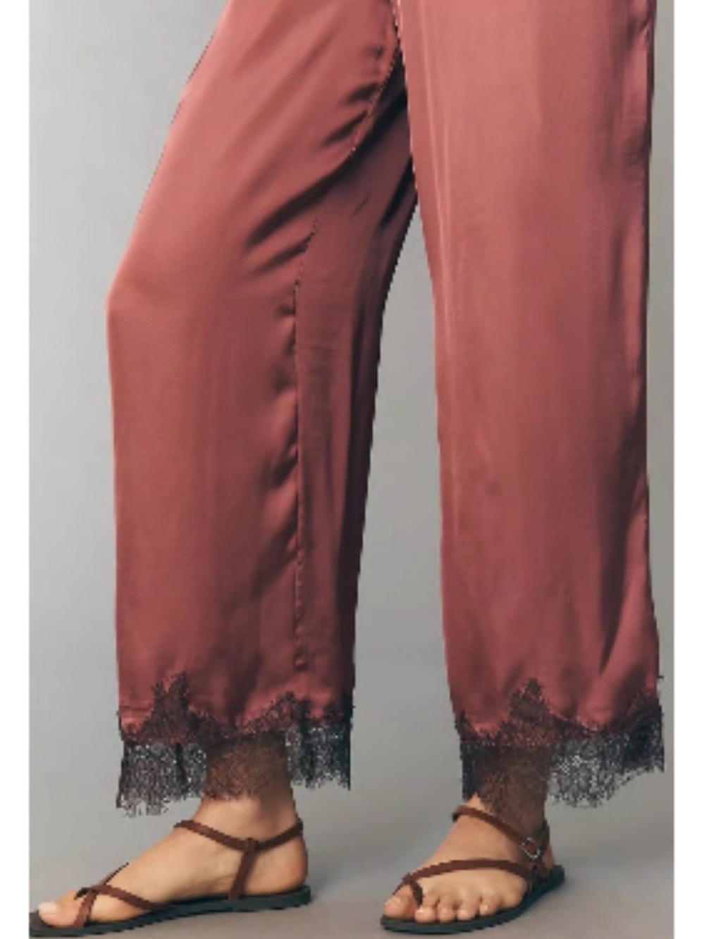 Anthropologie Wide-Leg Satin Pants in Dusty Rose with Black Lace Trim - Picture 3 of 4